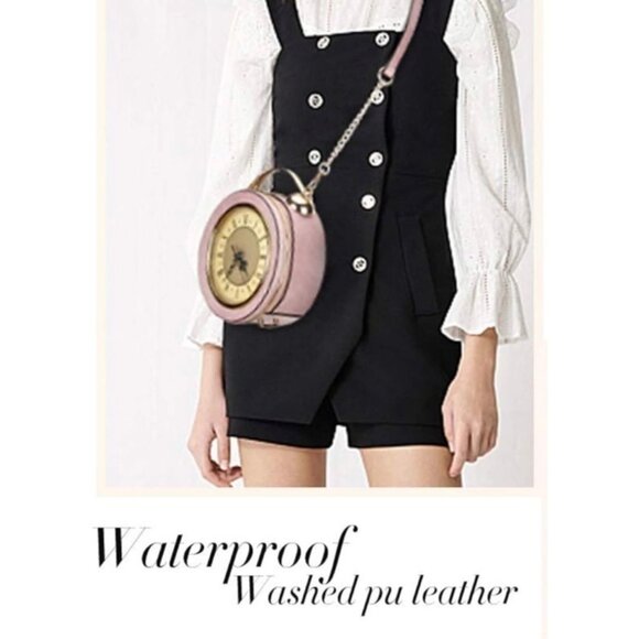 Round Pink Faux Leather Crossbody Purse Functional Clock Face Design Gold Accent - Picture 2 of 7